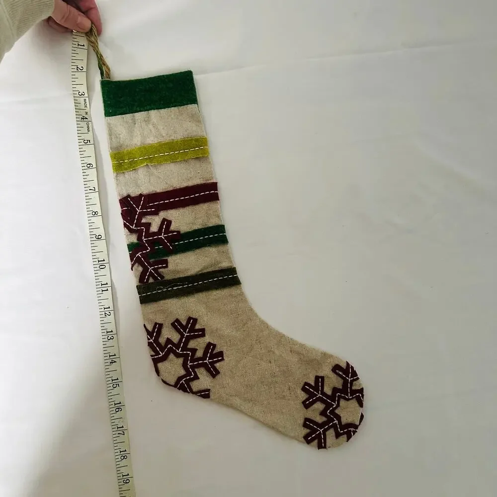 Primitive Farmhouse Christmas Striped Snowflake Sewn Skinny Holiday Stocking